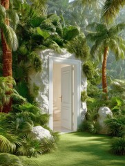 White door on a foliage wall banner