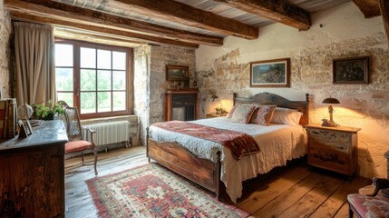 A warm rustic bedroom with wooden beams and vintage furniture