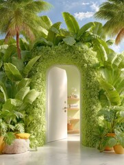 White door on a foliage wall banner