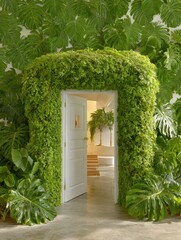 White door on a foliage wall banner