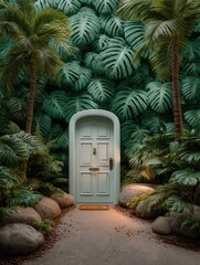 White door on a foliage wall banner