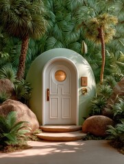 White door on a foliage wall banner
