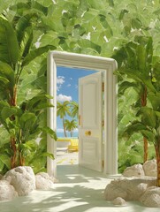 White door on a foliage wall banner