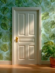 White door on a foliage wall banner
