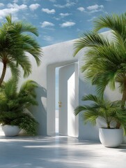 White door on a foliage wall banner