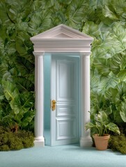 White door on a foliage wall banner