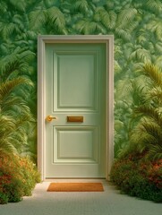 White door on a foliage wall banner