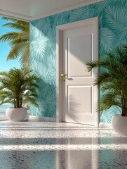 White door on a foliage wall banner