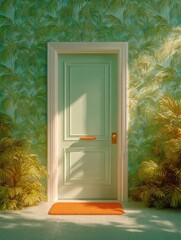 White door on a foliage wall banner