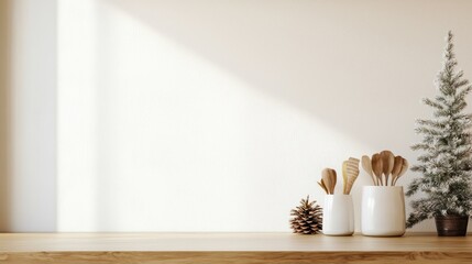 A white and wood-toned minimalist kitchen with clean lines and clutter-free counters