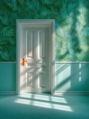 White door on a foliage wall banner