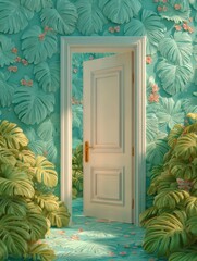 White door on a foliage wall banner
