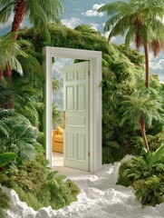 White door on a foliage wall banner