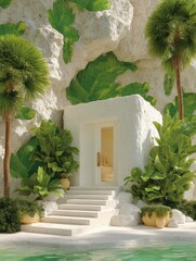 White door on a foliage wall banner