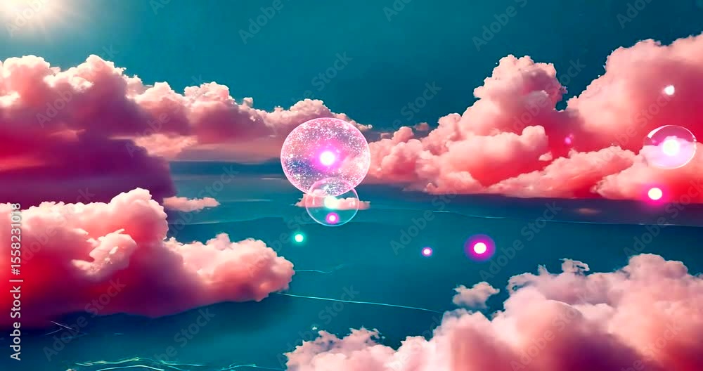 Poster surreal clouds with luminous orbs floating above a tranquil ocean at sunset, creating a dreamlike at