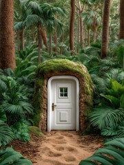 White door on a foliage wall banner