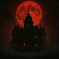 Haunted Victorian Mansion Beneath a Blood-Red Moon