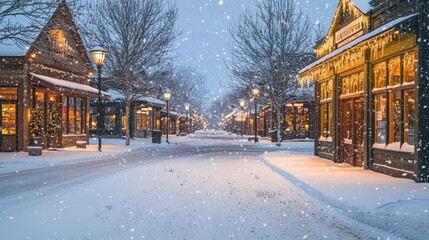 A winter wonderland scene with snow-covered streets and warmly lit shop windows