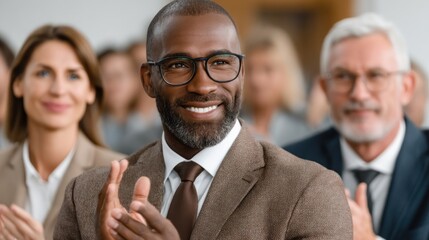 diverse group of business professionals attentively listens and applauds as a speaker shares insights at a conference