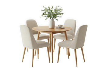 Modern round dining table with four upholstered chairs and plant