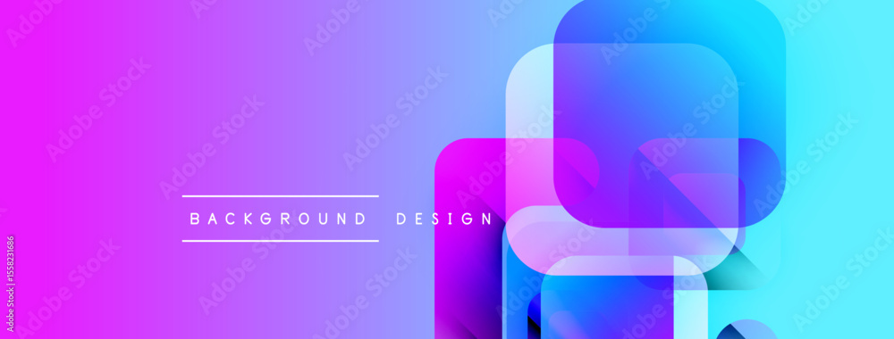 Poster Abstract vibrant background. Overlapping squares create dynamic visual effect. Gradient colors, purple, blue hues dominate composition. Modern design element.