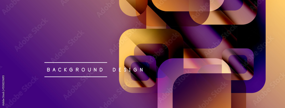 Poster abstract geometric shapes overlap, creating vibrant purple, orange gradient. modern design element f