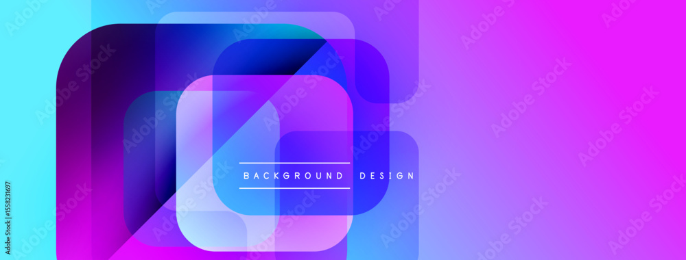 Poster Abstract vibrant squares overlap creating gradient effect. Text reads background design within central square. Modern digital art.