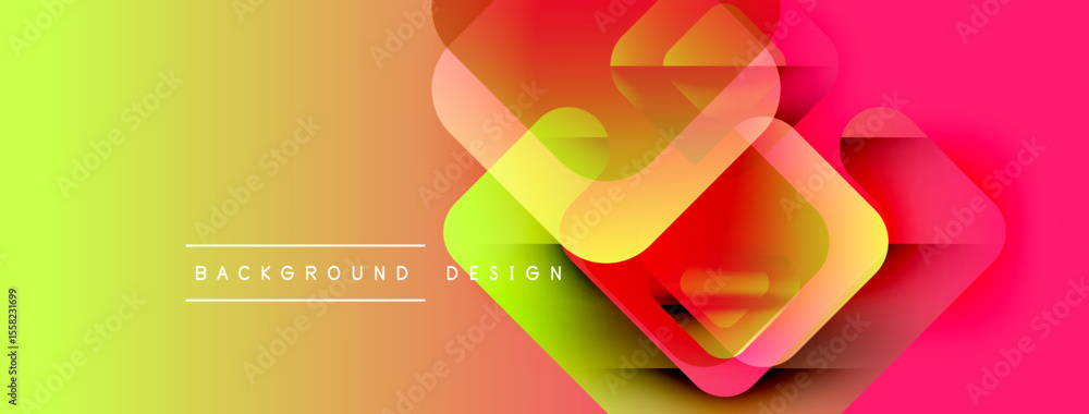Poster Vibrant gradient background features overlapping geometric shapes. Yellow transitions to orange, then pink. Text reads background design. Modern aesthetic.