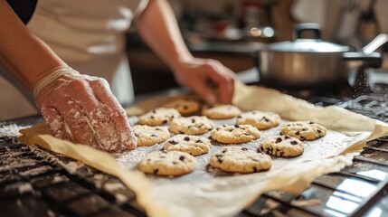 A woman baking cookies in a cozy home kitchen