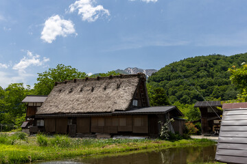 合掌造りの古民家と新緑に包まれた日本の田園風景