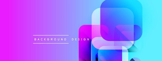 Abstract vibrant background. Overlapping squares create dynamic visual effect. Gradient colors, purple, blue hues dominate composition. Modern design element.