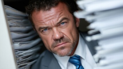 businessman in a grey suit appears stressed as he peers through a mountain of paperwork in an office, highlighting the chaos of his work environment during a hectic afternoon