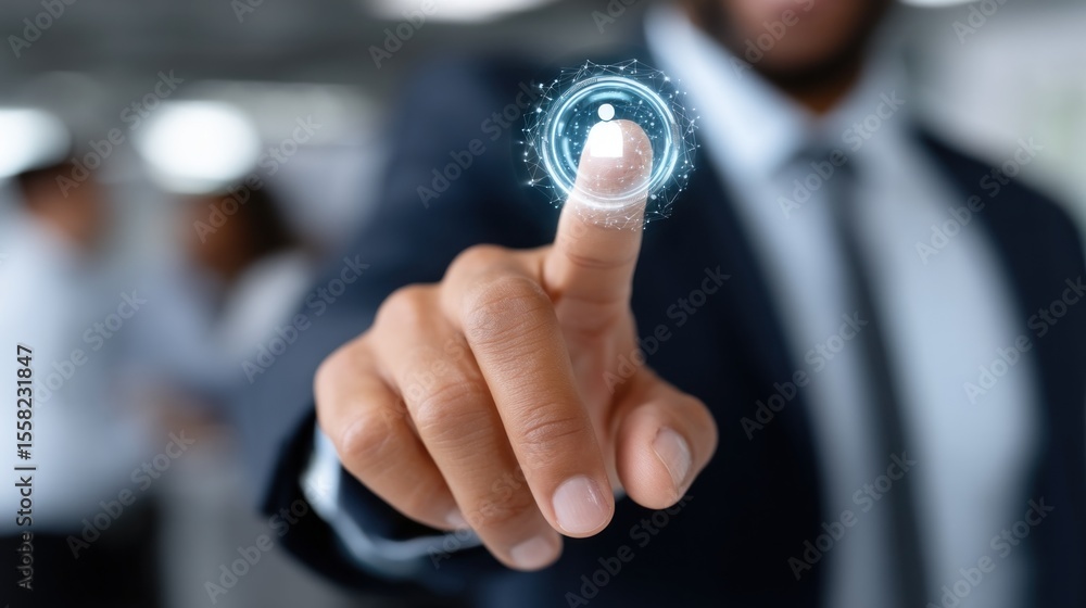 Poster business professional in formal attire engages with a futuristic digital interface using a fingertip