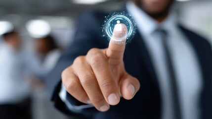 business professional in formal attire engages with a futuristic digital interface using a fingertip in a contemporary office space during work hours. Colleagues are visible in the background