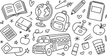 Doodle style back to school items including books and school bus art