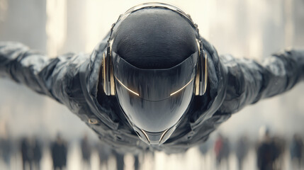 A sleek futuristic humanoid in a high-tech visor helmet and jacket, soaring over a blurred urban crowd in an anti-gravity stance.