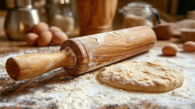 A wooden rolling pin flattening dough on a floured countertop, ready for baking