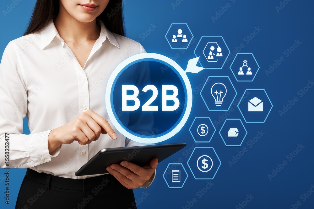 Poster businesswoman using tablet with b2b icons and abstract technology interface on blue background illus