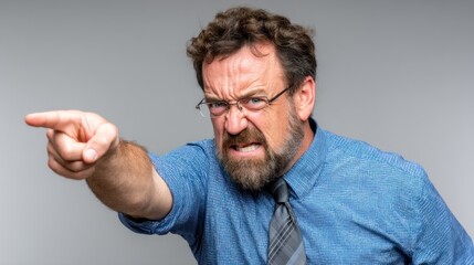 man with a beard and glasses expresses frustration by pointing towards an unseen subject. He is dressed in a blue checked shirt and a tie, set against a plain background