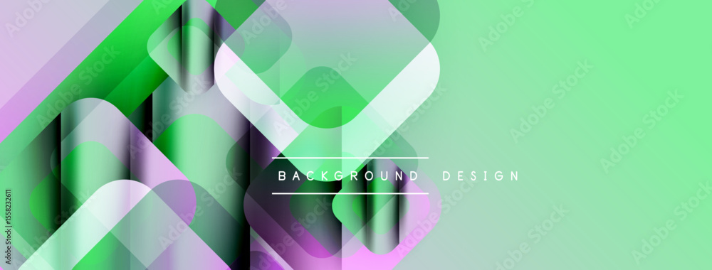 Poster abstract geometric shapes overlap, creating vibrant green, purple gradients. modern design element f