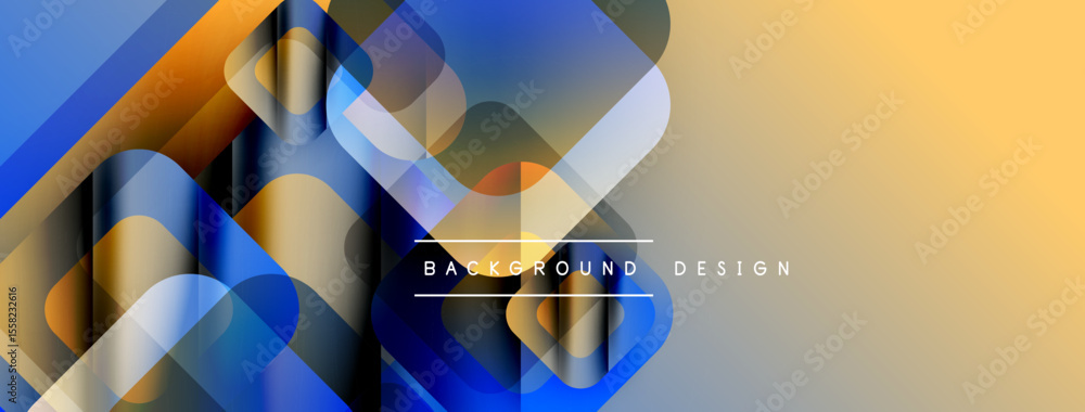 Poster Abstract geometric shapes overlap, creating dynamic visual effect. Blue, orange, yellow hues blend seamlessly. Modern design element.