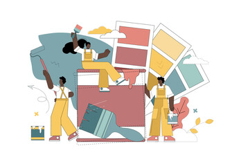 Painting work concept. Interior Design. Painters paint a wall