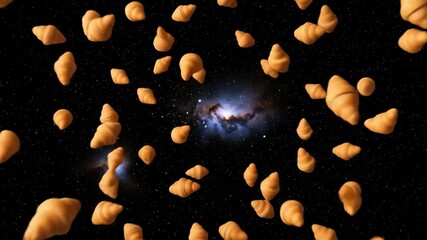 A croissant heart burst explosion, croissants floating in open cosmos — a creative, abstract food footage concept for a surreal culinary promo or high-end bakery ad campaign. motion design 