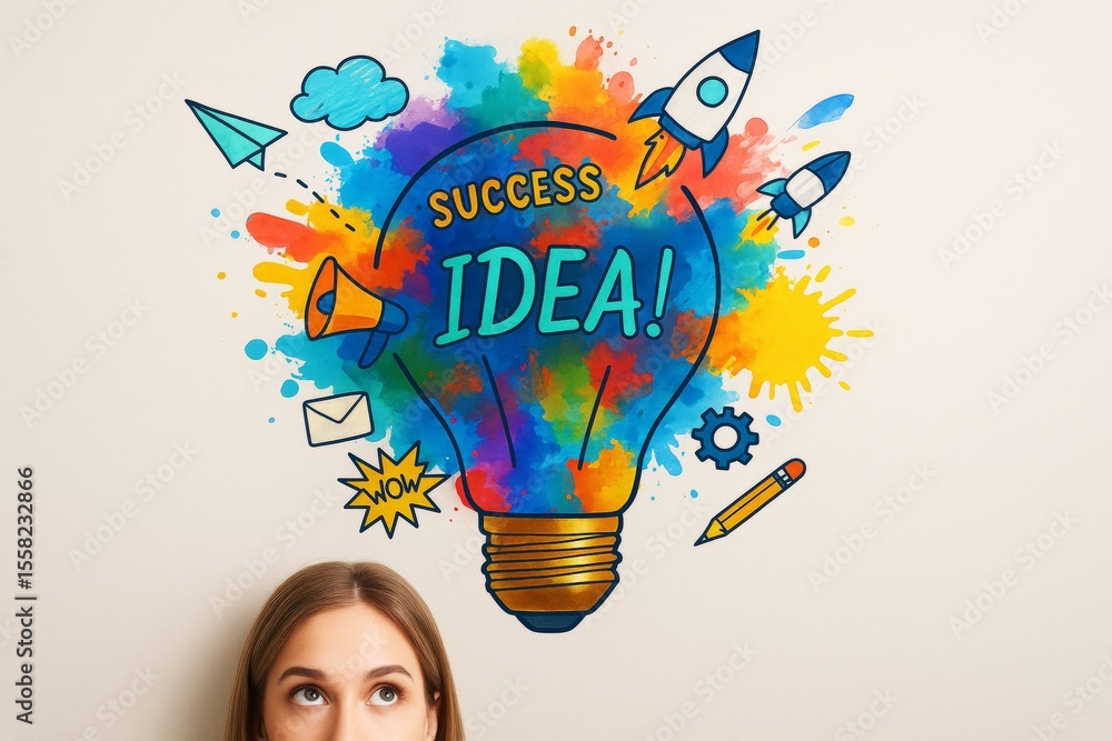 Aufkleber woman looking up at colorful creative lightbulb illustration with success idea concept on light back