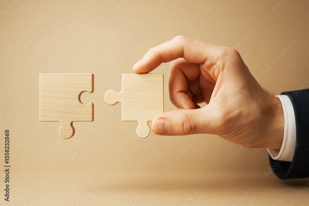 Aufkleber businessman hand connecting wooden puzzle pieces on light brown background symbolizing abstract solu