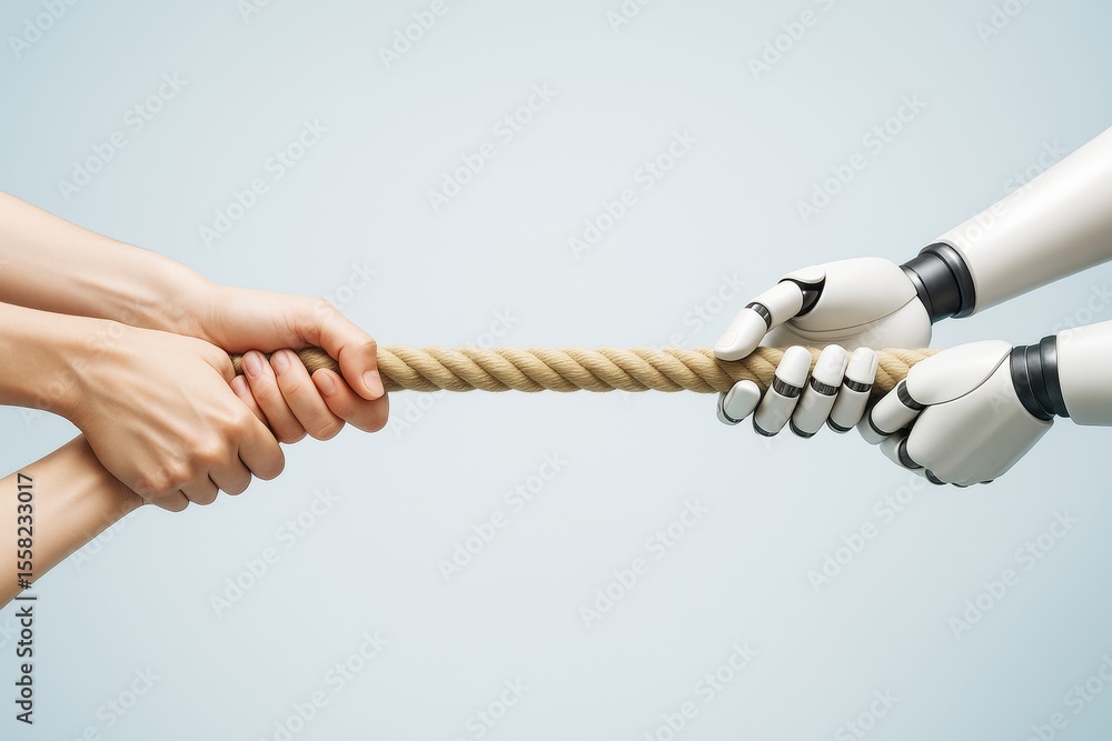 Poster human hands and robotic hands in a tug of war with rope symbolizing competition or collaboration on 