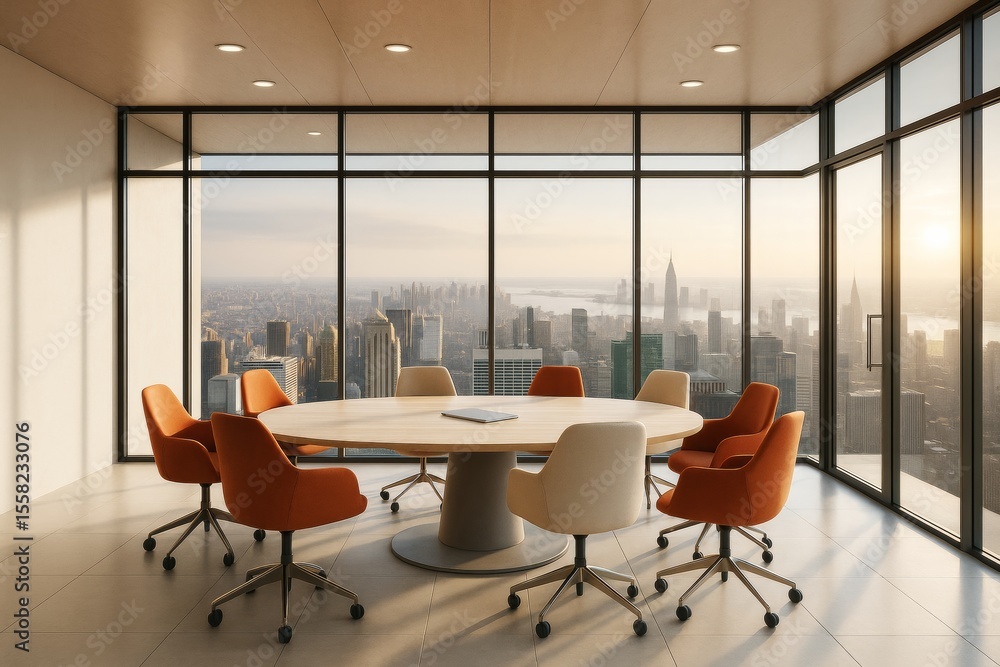 Poster modern business meeting room with city skyline view and round table in warm light atmosphere, stylis