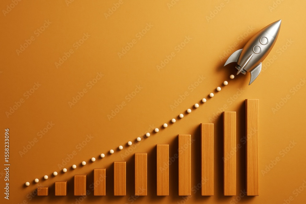 Poster Creative rocket launching over bar chart symbolizing business growth and success on orange background in light minimalistic style.