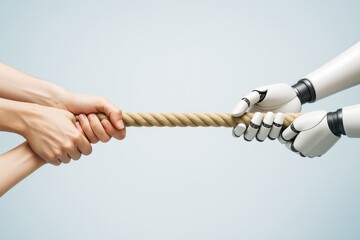 Human hands and robotic hands in a tug of war with rope symbolizing competition or collaboration on light background. Ai generative.