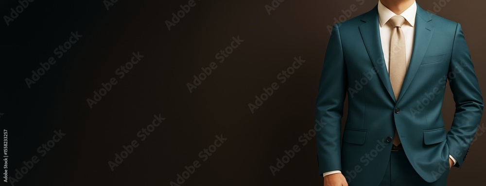 Poster professional man in teal suit with beige tie on dark gradient background with copyspace for business